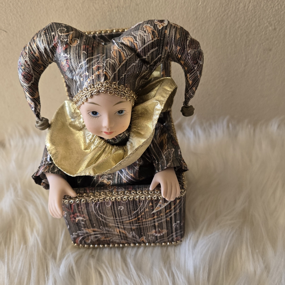 Elegant Jester Doll with Gold Accents Musical Box with moving Clown